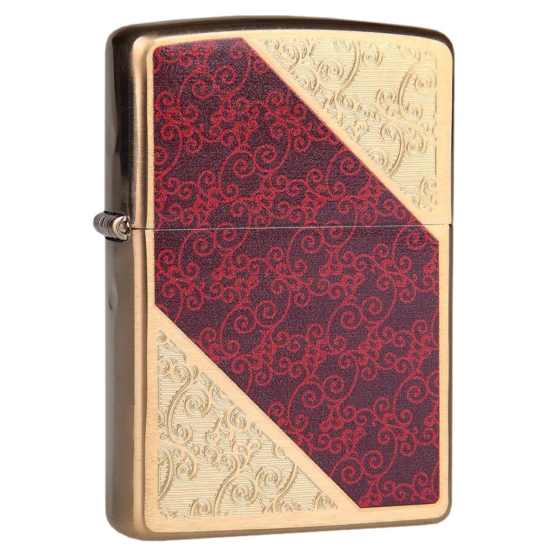 美国ZIPPO打火机 芝宝 黄铜拉丝彩印雕刻红色斜纹富贵花28377 男士礼品
