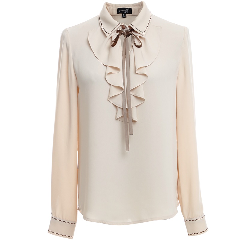欧昵雪蝴蝶结系带翻领衬衫女长袖荷叶边拼接套头衬衣