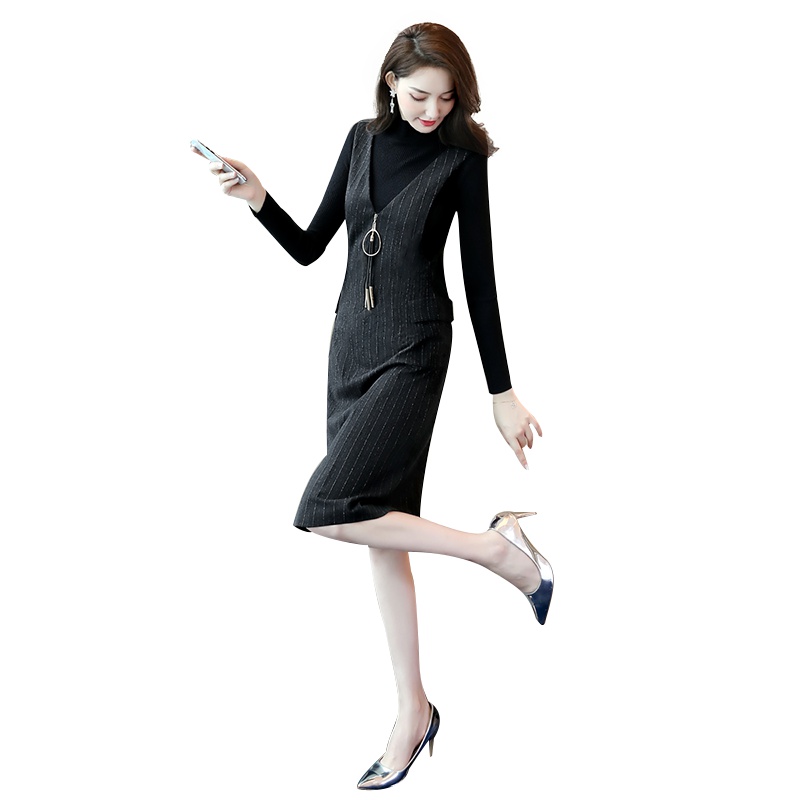 丝柏舍2019秋装女修身显瘦毛衫搭背带裙时尚套装S93B4759N