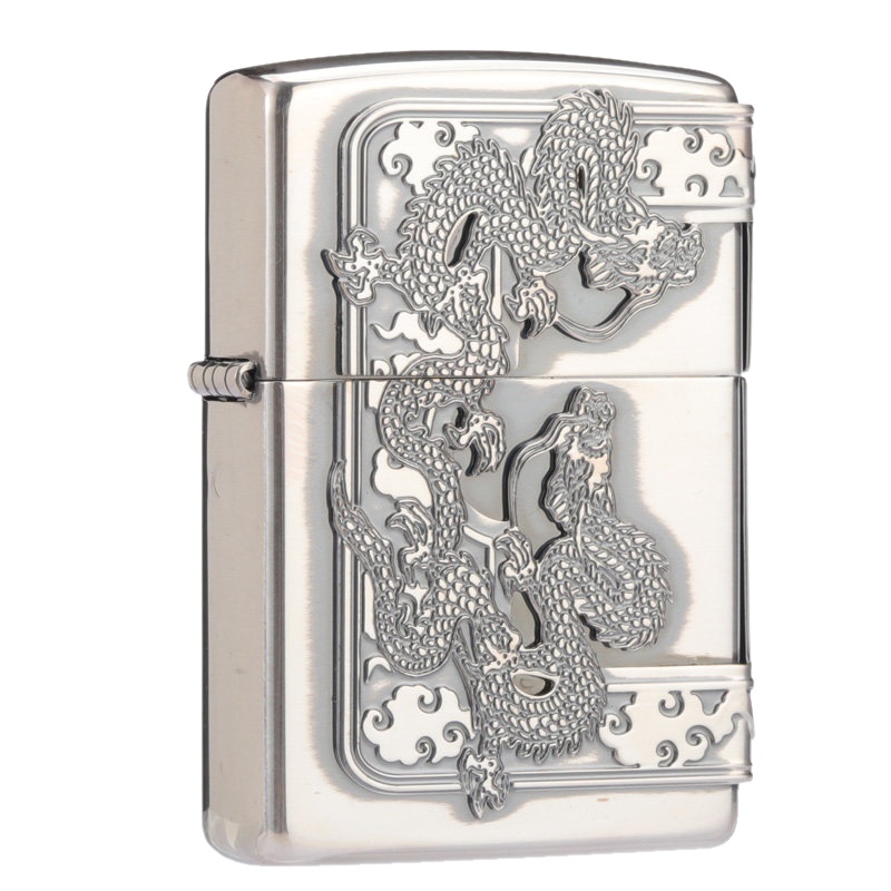 美国ZIPPO打火机 芝宝 日版贴章 三面雕刻 双龙争霸