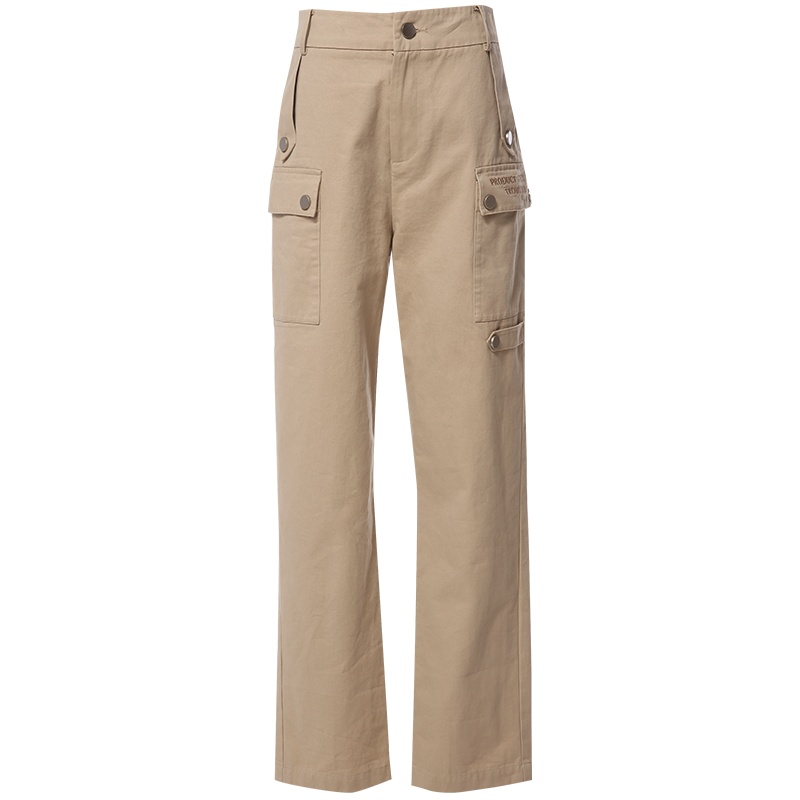 欧昵雪高腰字母绣花口袋休闲宽松直筒裤女显瘦长裤