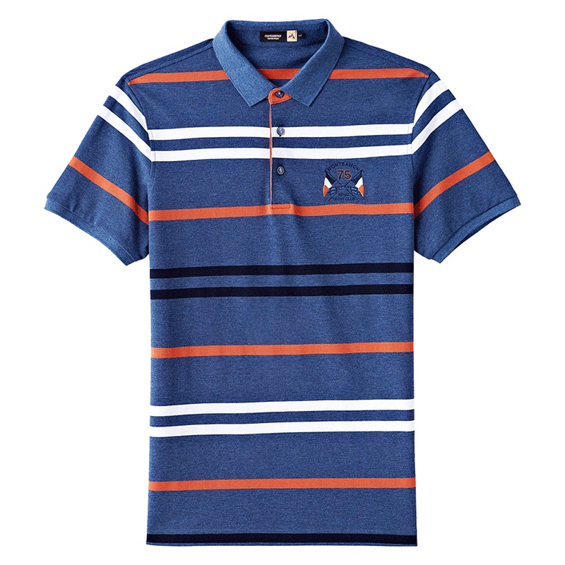 蒙蒂埃莫全棉休闲撞色宽条纹男士翻领短袖T恤