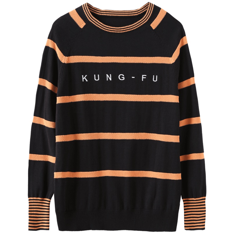 马克华菲毛衣男秋冬条纹拼接撞色刺绣插肩袖男圆领针织衫