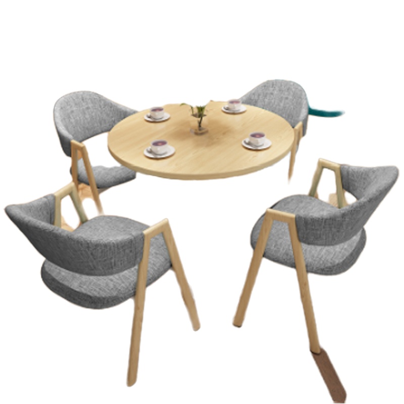 简约洽谈桌椅组合 80CM原木一桌四椅配浅灰色布椅