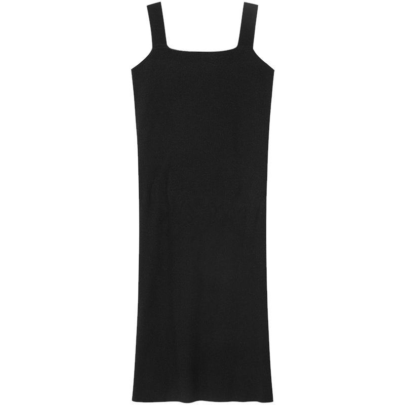 三彩2021春季新款优雅方领针织连衣裙修身中长款吊带裙女纯色