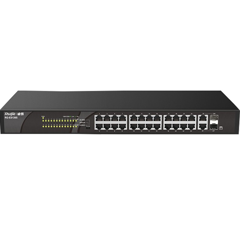 睿易 锐捷(Ruijie)24口百兆交换机 非网管RG-ES126S-LP POE 千兆光口 安防监控 黑色