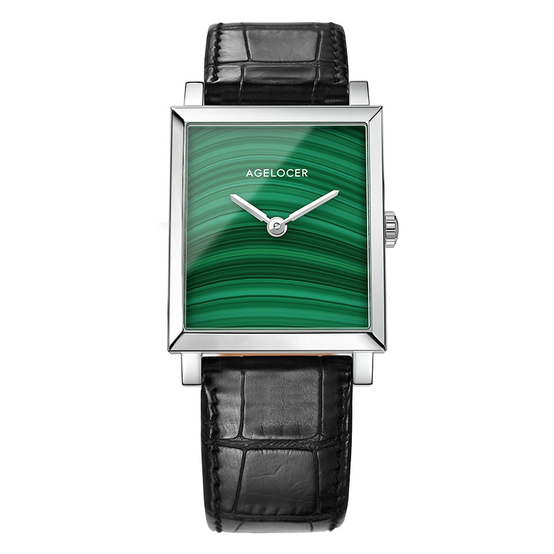 艾戈勒（Agelocer）手表女士方形天然孔雀石小绿表时尚百搭腕表奢华防水石英表