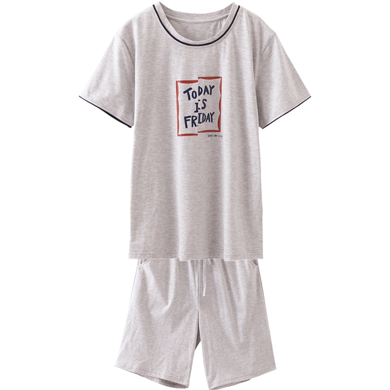 都市丽人文字印花简约圆领亲肤舒适男士家居服套装4H8201