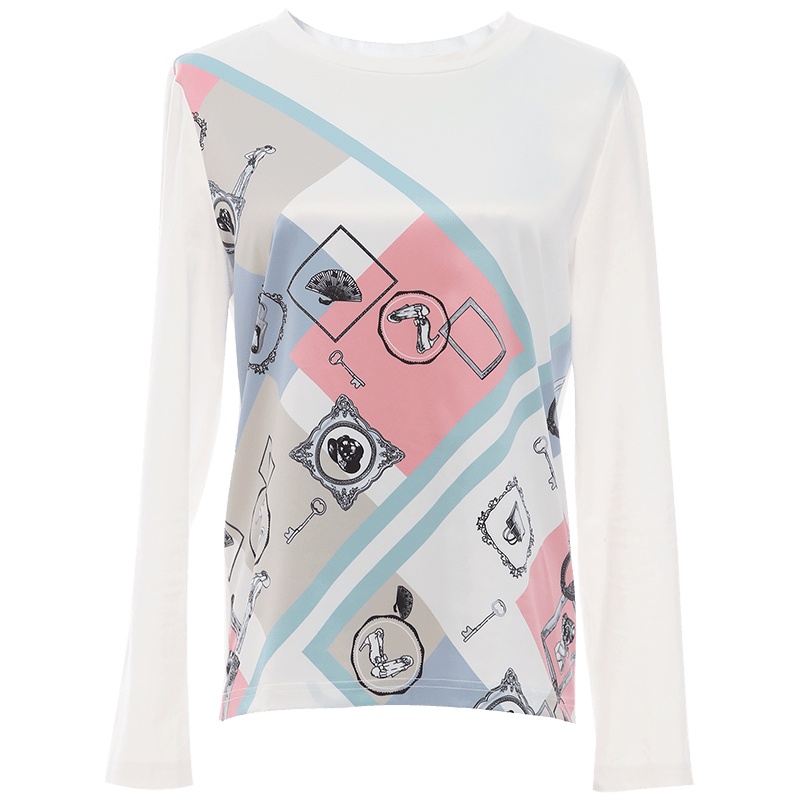 欧昵雪圆领仿真丝直筒印花T恤女显瘦长袖纯棉上衣