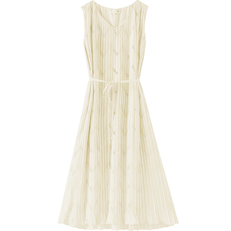 OSA无袖百褶雪纺连衣裙女V领收腰气质过膝中长款裙子2019新款夏季