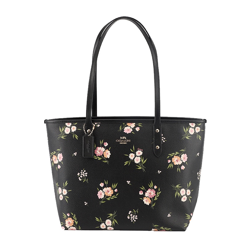 COACH 蔻驰 奢侈品 欧美时尚女士黑色敞口皮革硬单肩托特包手提包