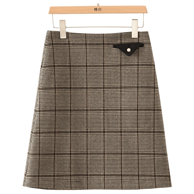 晚白2020冬季新品时尚简约百搭高腰复古格子小A半裙毛呢半身裙女