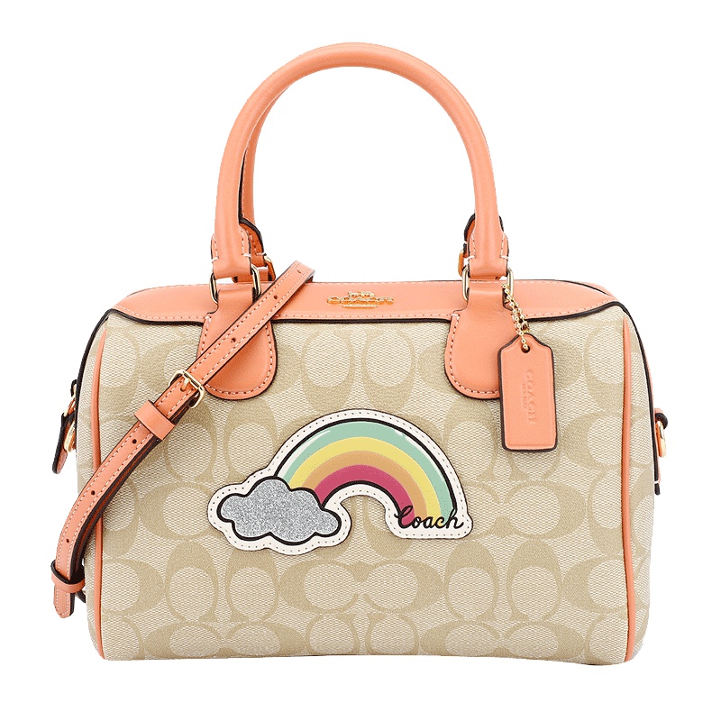 COACH 蔻驰 奢侈品 女士卡其豆沙粉人造革手提单肩斜挎桶包