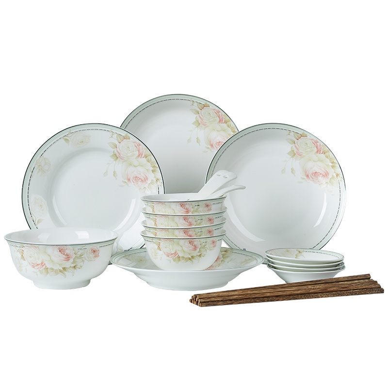 富昱景 景德镇餐具碗碟套装碗菜盘子陶瓷器骨瓷碗碟家用送礼组合吃饭碗 21件春意盎然