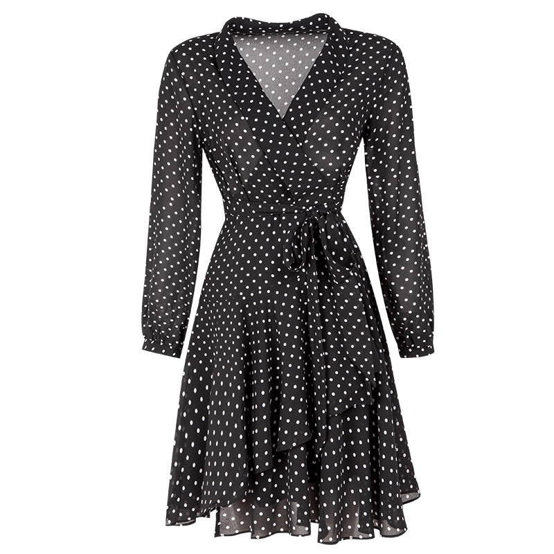 晩白 2020秋新品时尚波点印花西装领长袖高腰短裙雪纺裙衬衫连衣裙女