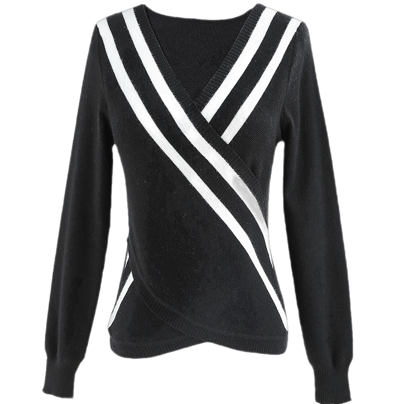 粉红大布娃娃甜美拼色交叉针织毛衫