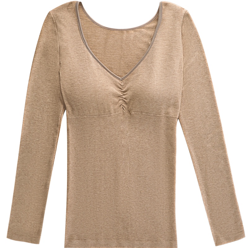 俞兆林保暖内衣女加绒性感深V带胸垫上衣单层毛圈绒无缝美体紧身打底衫