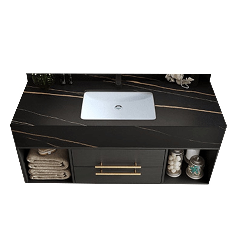 岩板轻奢定制浴室柜组合它墅岩石一体套装简约现代卫生间洗手洗脸盆洗漱台_1.2米储物镜柜岩板陶瓷盆