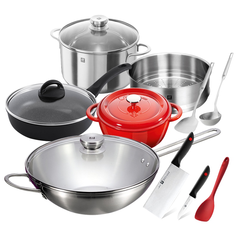 双立人(ZWILLING)Nova30中式炒锅9件套 不锈钢炒菜锅煎锅汤锅蒸笼铸铁锅中片刀蔬菜刀锅铲汤勺