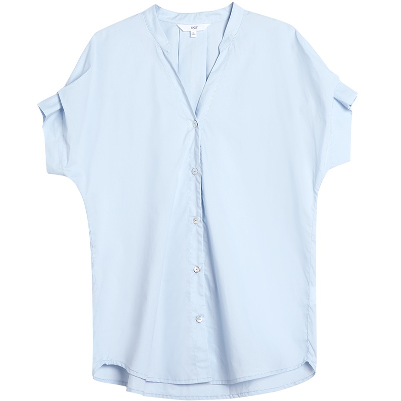 OSA欧莎衬衫女夏2019新款短袖宽松心机设计感V领浅蓝色上衣职业装