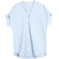 OSA欧莎衬衫女夏2019新款短袖宽松心机设计感V领浅蓝色上衣职业装