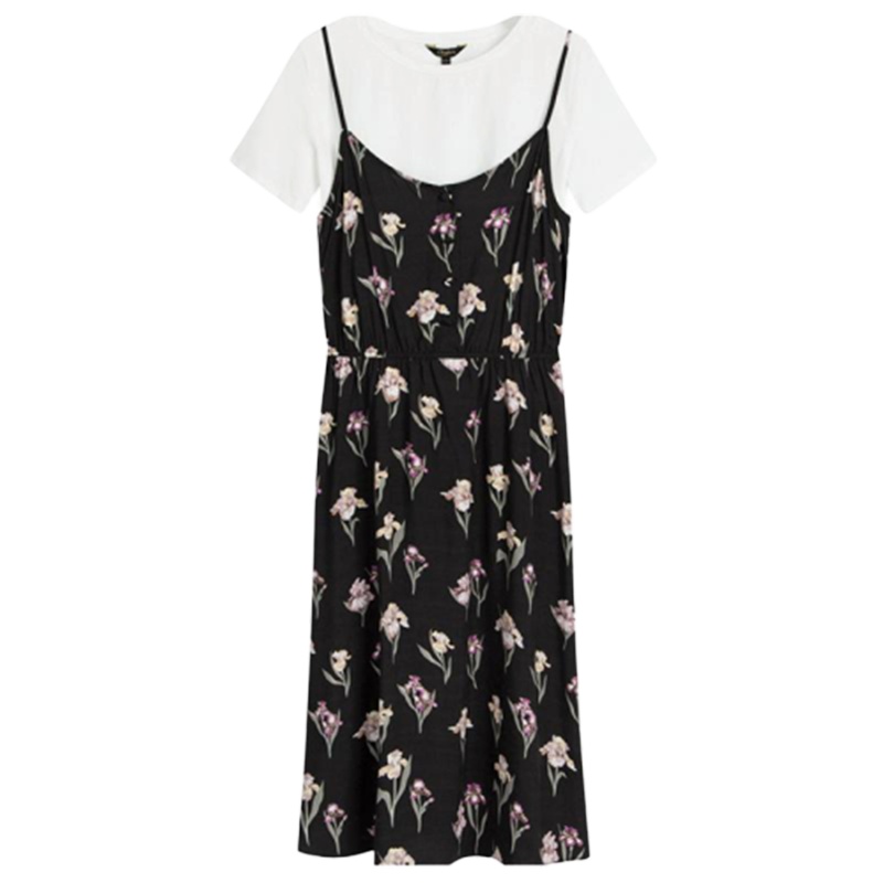 【专柜同款】拉夏贝尔夏季新款两件套小清新吊带裙短袖学生中长裙裙子女式套装30082568 印花混色 S