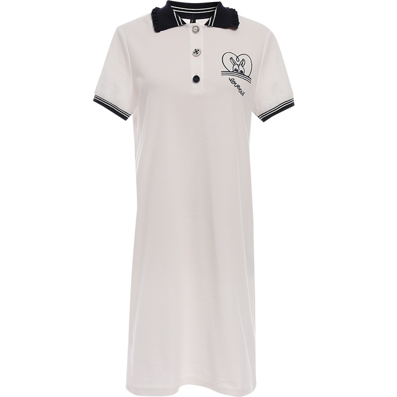 欧昵雪polo领短袖字母绣花连衣裙女宽松显瘦T恤裙子