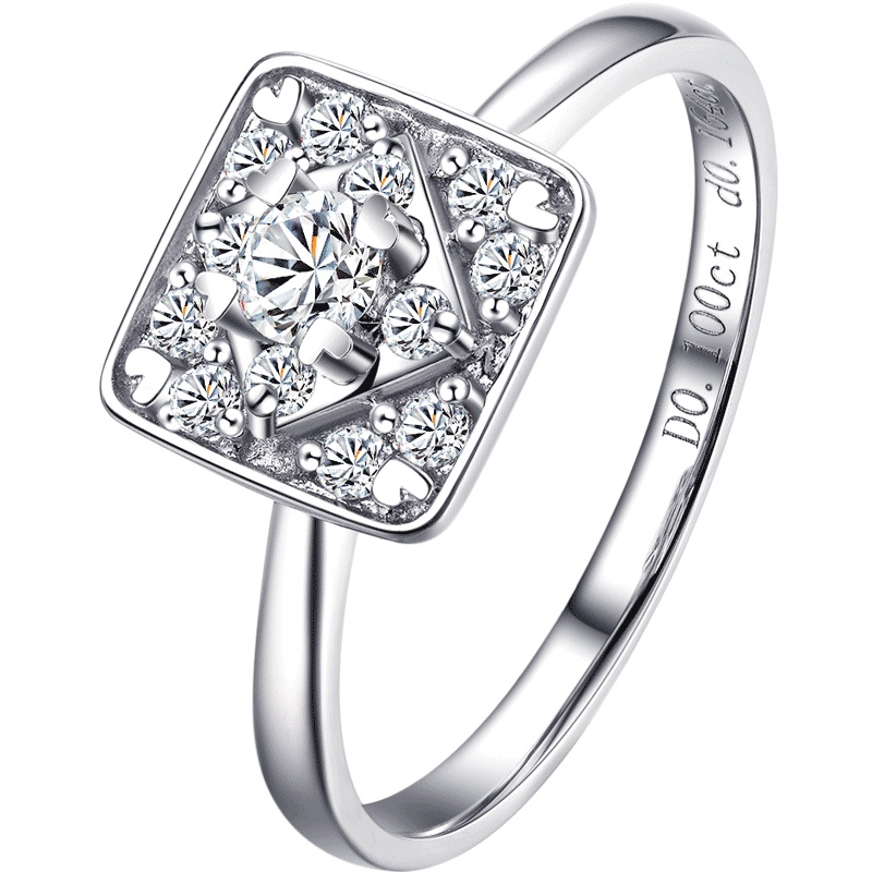 梦金园 钻石戒指公主方钻戒18k金白镶嵌戒子固口女款