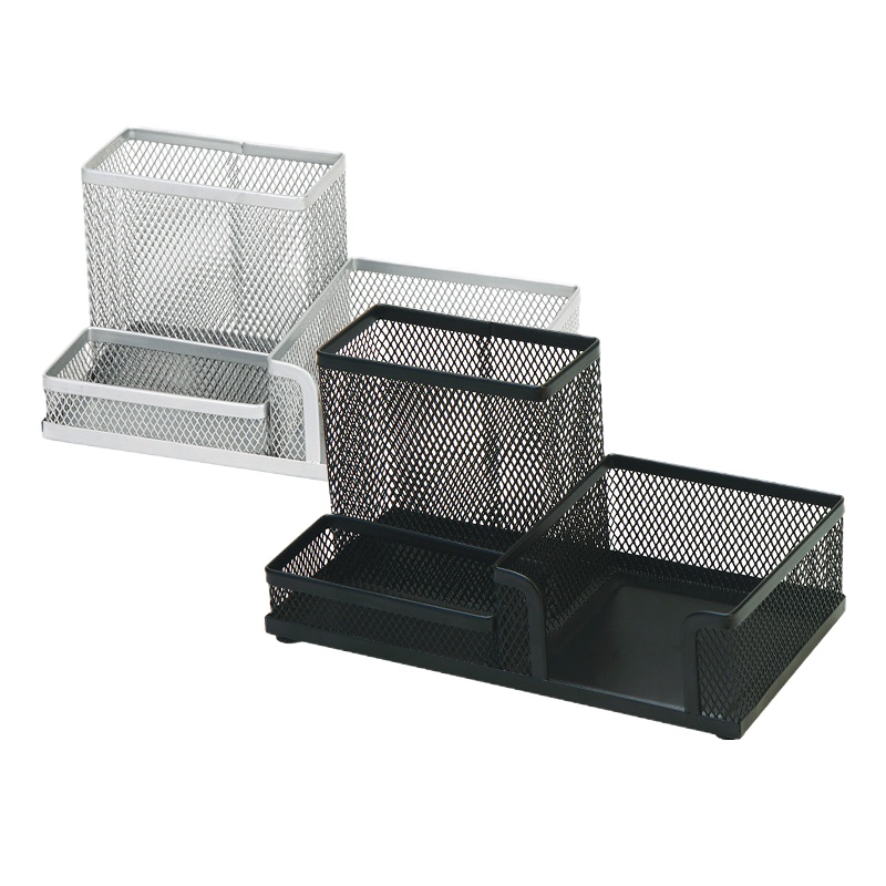 齐心B2061 金属网纹办公笔筒 多功能三格桌面收纳 黑色