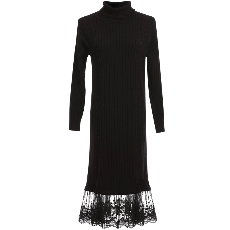 欧昵雪秋冬高领修身显瘦拼接蕾丝网纱针织连衣裙女毛衣裙