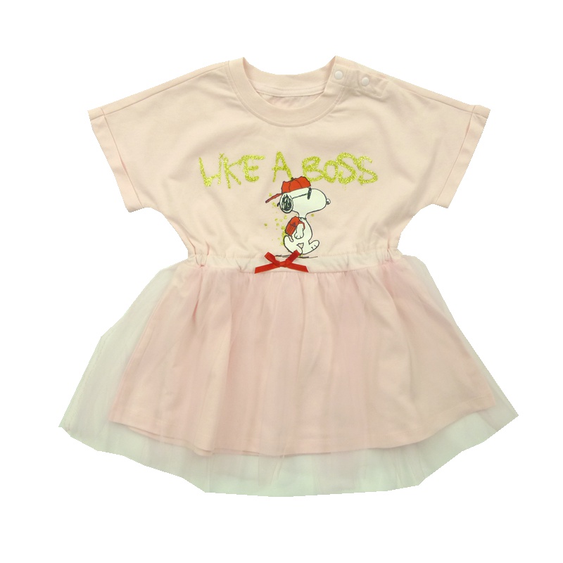 史努比(SNOOPY)童装女童T恤纯棉夏装3-12岁儿童白色夏季中长款半袖体恤中小童粉色纱裙短袖上衣洋气90-140cm