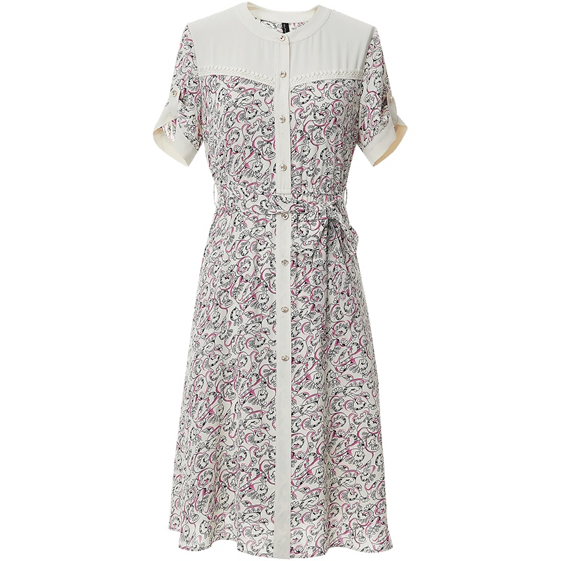 欧昵雪拼接式动物印花裙子夏通勤圆领系带收腰短袖连衣裙