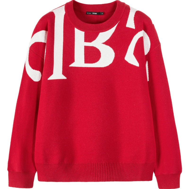 森马红色拜年毛衣女新款时尚潮流大字母宽松毛衫圆领套头针织线衫