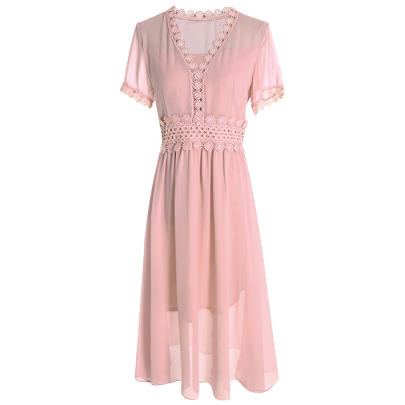 欧昵雪夏季V领拼接花边短袖收腰雪纺连衣裙女过膝中长裙