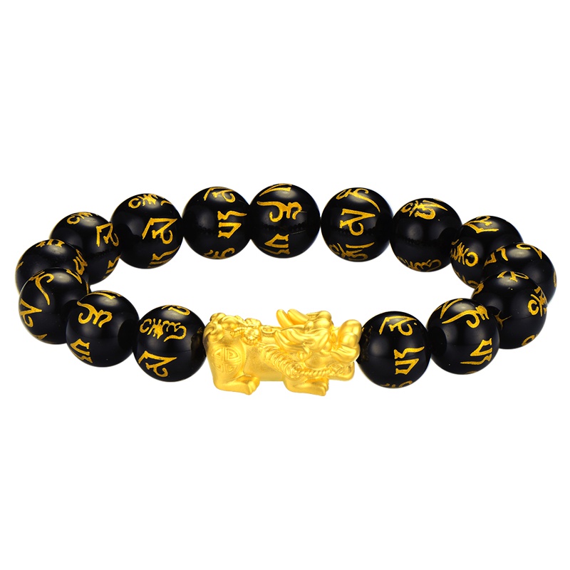 蒂蔻 大版貔貅黄金手链男士款本命年足金六字箴言黑玛瑙路路通手串自戴生日礼物送老公