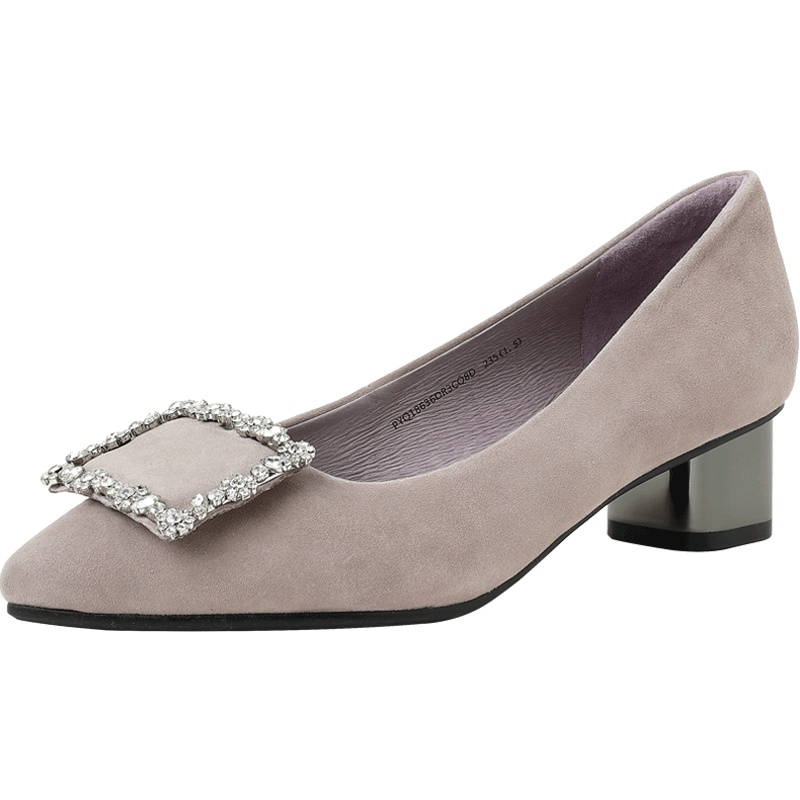 百田森新款单鞋尖头粗跟中跟浅口单鞋女通勤复古磨砂方扣真皮女鞋