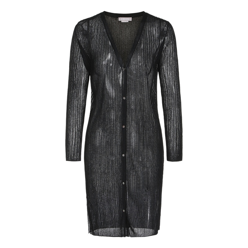 鄂尔多斯 V领抽条长款开衫女式针织衫