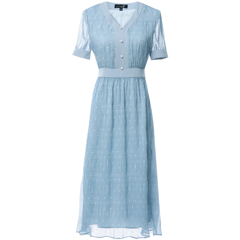 欧昵雪夏季新气质V领星星印花收腰修身短袖雪纺连衣裙女中裙