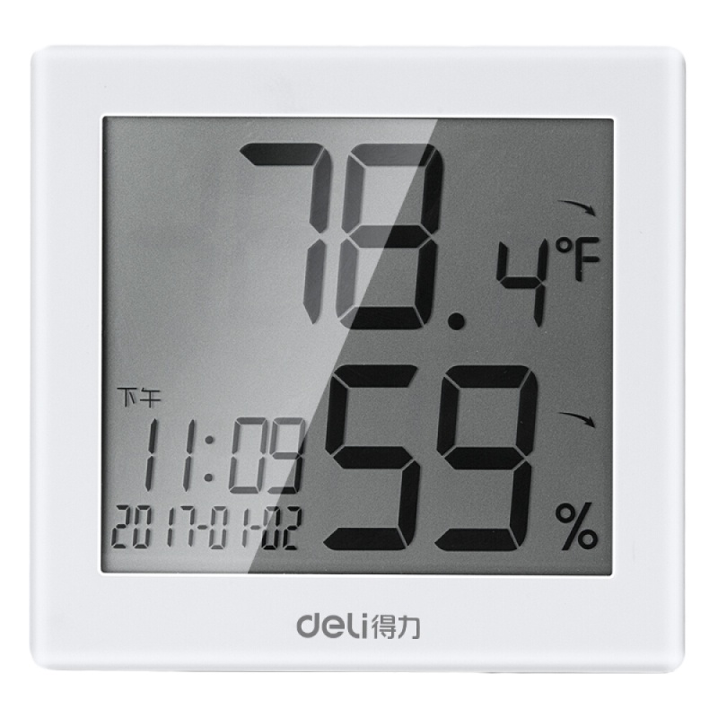 得力LCD带时间闹钟电子温湿度计 室内温湿度表 办公用品 白色8813