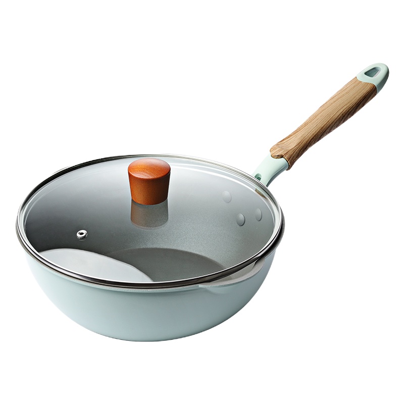 不粘锅家用麦饭石烘焙精灵单人煤气灶专用小炒锅电磁炉燃气煎锅平底锅 24cm黑色-锅+盖