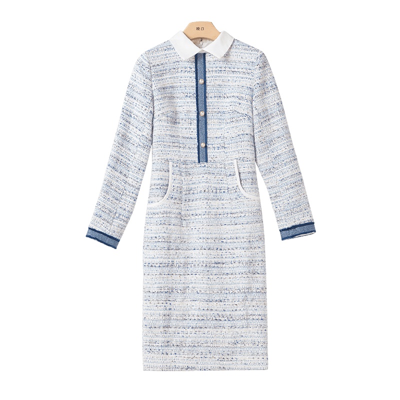 晚白2020冬季新品小香风翻领长袖修身显瘦包臀裙淑女职业连衣裙女