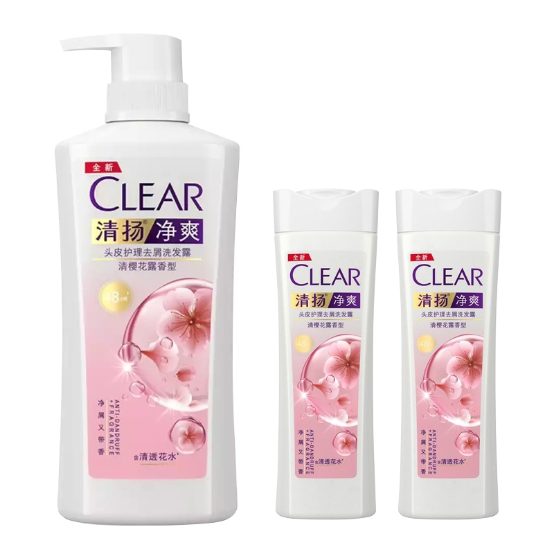 清扬/Clear净爽头皮洗发露/洗发水套装 樱花沁爽型白瓶 (500+100X2) g 清洁去屑