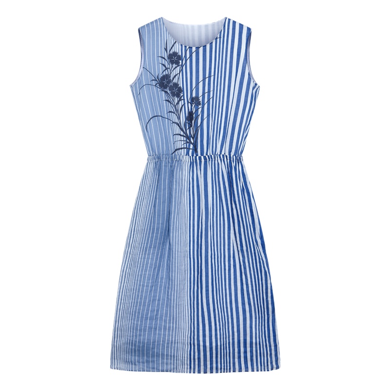 ERDOS 春夏法国条纹不对称时尚印花苎麻无袖松紧腰圆领收腰连衣裙