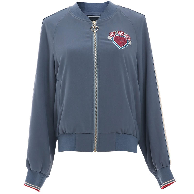 欧昵雪休闲V领爱心绣花外套女棒球服夹克短款上衣