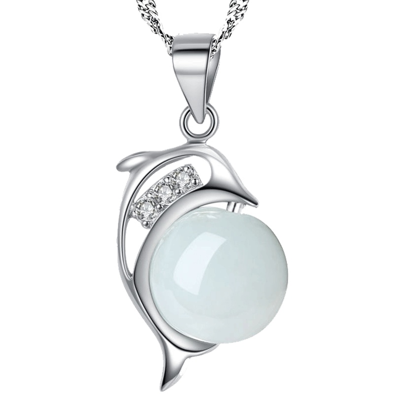 帛兰梓韵 天然翡翠吊坠S925银镶玉海豚挂件女款A货玉吊坠带证书
