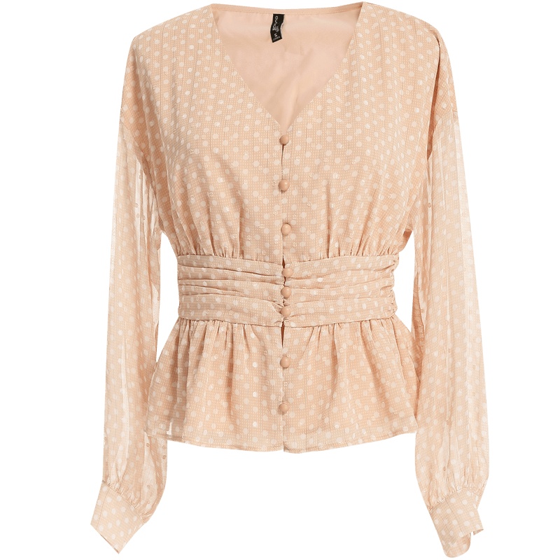 欧昵雪气质v领灯笼袖收腰短款波点雪纺衫上衣女长袖