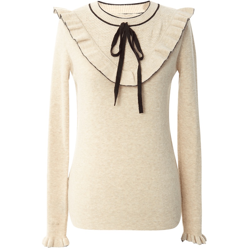 OUNIXUE欧昵雪 | [法式浪漫蝴蝶结修身针织衫]秋冬季减龄圆领荷叶边毛衣女士