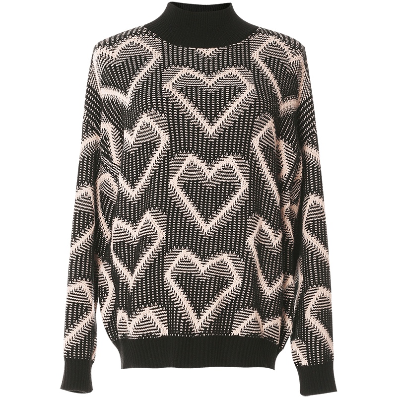 欧昵雪秋冬季半高领撞色爱心慵懒风宽松针织衫女套头毛衣