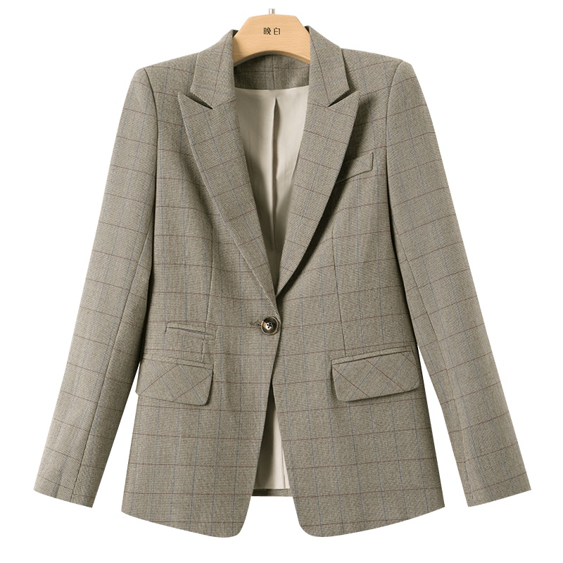 晚白2021春季新品时尚英伦范格子修身显瘦一粒扣百搭西装外套女