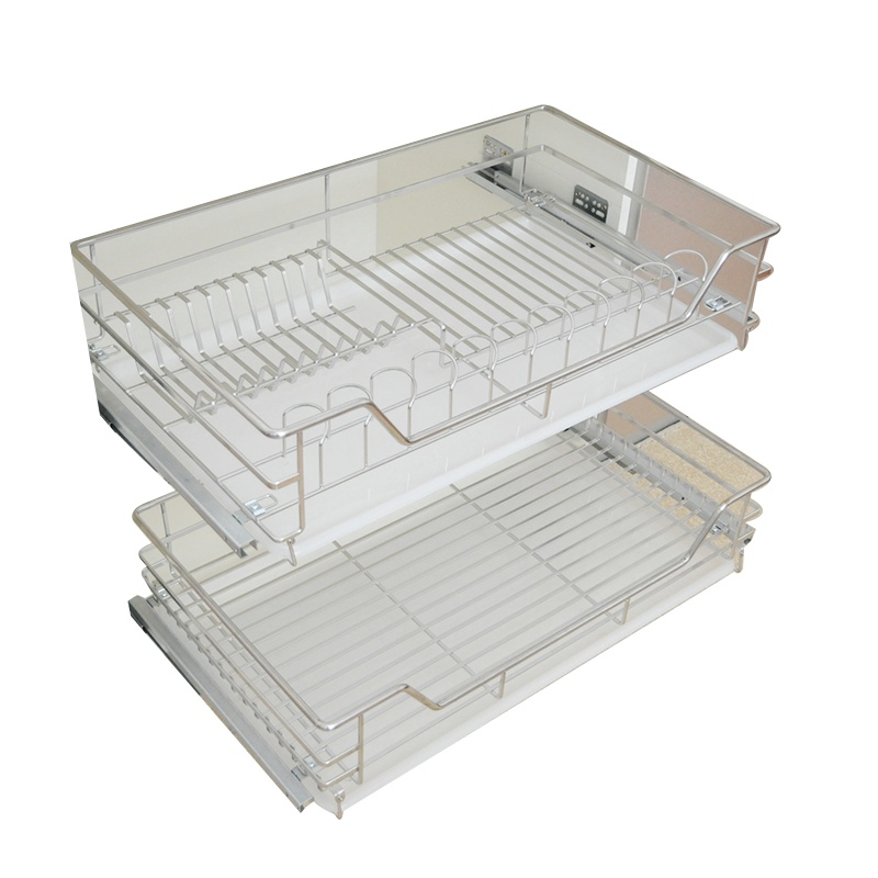 厨房拉篮橱柜304不锈钢柜内碗架实心加粗单层碗碟篮橱柜置物架碗篮调味拉篮碗碟架开门式抽屉式